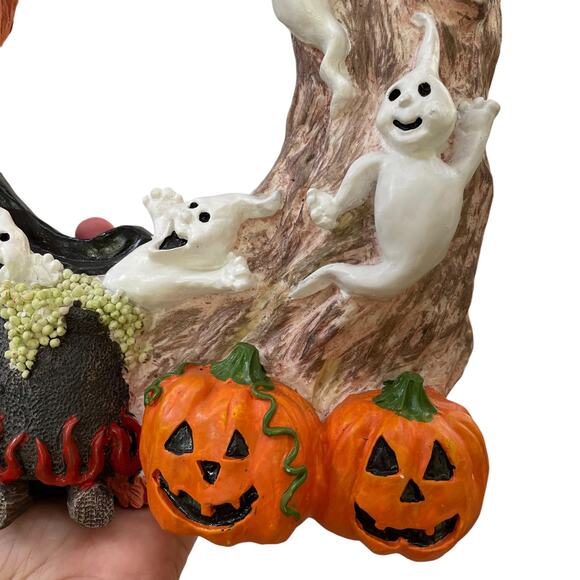 Vintage Halloween Wreath Witch Ghost Pumpkin Cauldron Door Decor Plaster Resin - Picture 2 of 10
